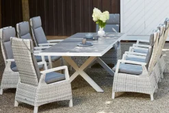Hot Corido/Sincro Garten-Essgruppe, ice grey/weiß grau, Alu/Gardino®-Geflecht/Keramik, Ausziehtisch 200/260x100 cm, 8 Dining Move Sessel Polyrattan-Gartenmöbel|Garten-Essgruppen