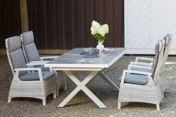 New Corido/Sincro Garten-Essgruppe, ice grey/weiß grau, Alu/Gardino®-Geflecht/Keramik, Ausziehtisch 200/260x100 cm, 4 Dining Move Sessel Polyrattan-Gartenmöbel|Garten-Essgruppen