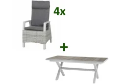 New Corido/Sincro Garten-Essgruppe, ice grey/weiß grau, Alu/Gardino®-Geflecht/Keramik, Ausziehtisch 200/260x100 cm, 4 Dining Move Sessel Polyrattan-Gartenmöbel|Garten-Essgruppen