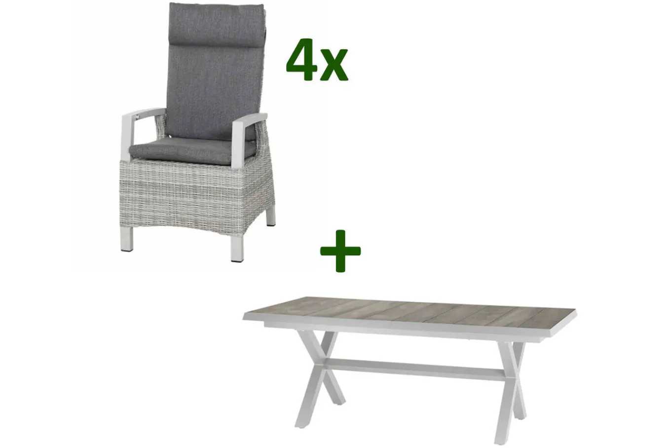 New Corido/Sincro Garten-Essgruppe, ice grey/weiß grau, Alu/Gardino®-Geflecht/Keramik, Ausziehtisch 200/260x100 cm, 4 Dining Move Sessel Polyrattan-Gartenmöbel|Garten-Essgruppen