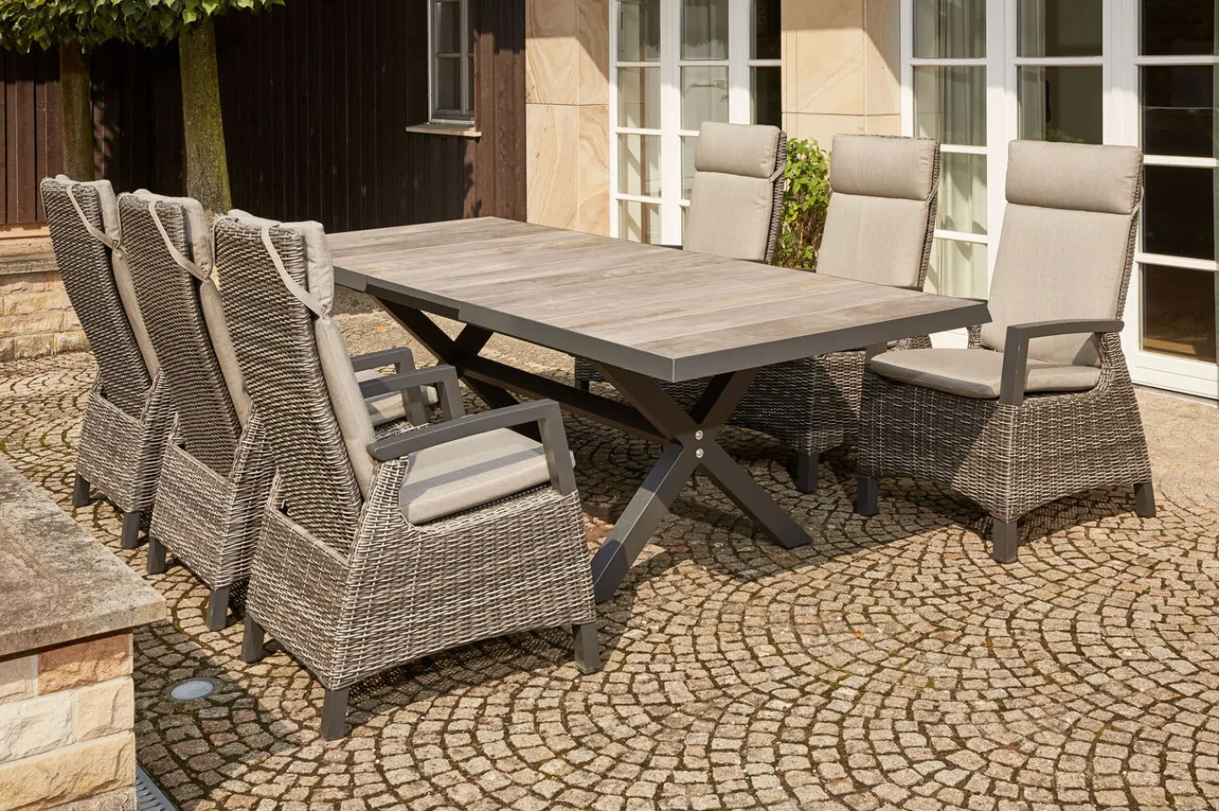 Hot Corido / Sincro Garten-Essgruppe, charcoal, Alu / Gardino®-Geflecht, 6 Diningsessel, Ausziehtisch 200/260 x 100 cm Polyrattan-Gartenmöbel|Garten-Essgruppen