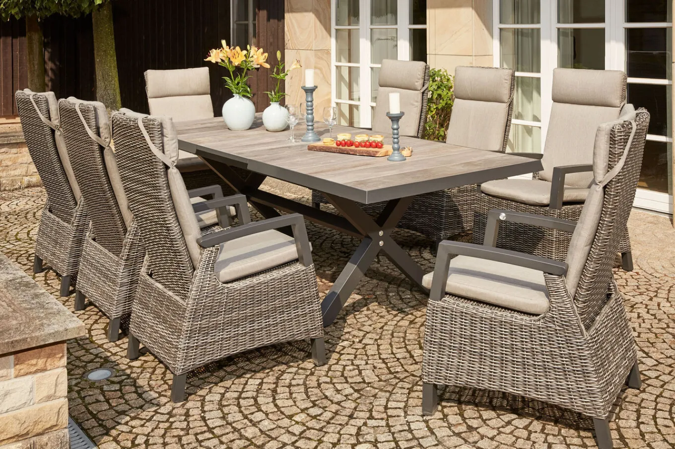 Discount Corido / Sincro Garten-Essgruppe, charcoal, Alu / Gardino®-Geflecht, 8 Diningsessel, Ausziehtisch 200/260 x 100 cm Polyrattan-Gartenmöbel|Garten-Essgruppen