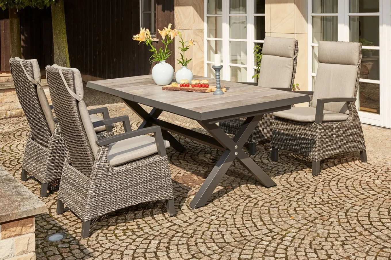 Online Corido / Sincro Garten-Essgruppe, charcoal, Alu / Gardino®-Geflecht, 4 Diningsessel, Ausziehtisch 200/260x 100 cm Polyrattan-Gartenmöbel|Garten-Essgruppen