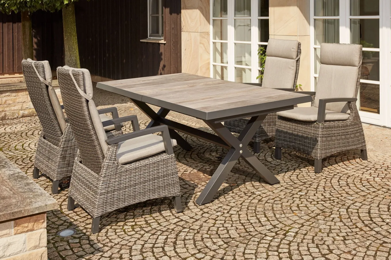 Online Corido / Sincro Garten-Essgruppe, charcoal, Alu / Gardino®-Geflecht, 4 Diningsessel, Ausziehtisch 200/260x 100 cm Polyrattan-Gartenmöbel|Garten-Essgruppen