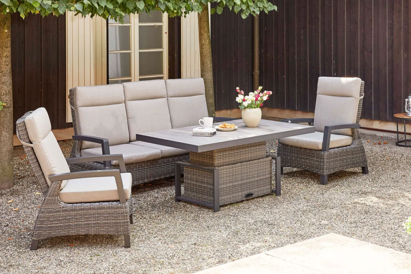 Best Corido 3-Sitzer Sofa, charcoal, Alu / Gardino®-Geflecht, 206x87x103 cm, verstellb. Rückenlehnen Polyrattan-Gartenmöbel|Gartenlounge