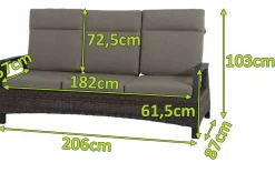 Best Corido 3-Sitzer Sofa, charcoal, Alu / Gardino®-Geflecht, 206x87x103 cm, verstellb. Rückenlehnen Polyrattan-Gartenmöbel|Gartenlounge