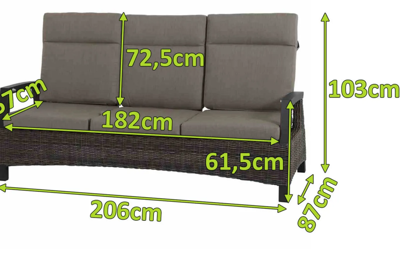 Best Corido 3-Sitzer Sofa, charcoal, Alu / Gardino®-Geflecht, 206x87x103 cm, verstellb. Rückenlehnen Polyrattan-Gartenmöbel|Gartenlounge
