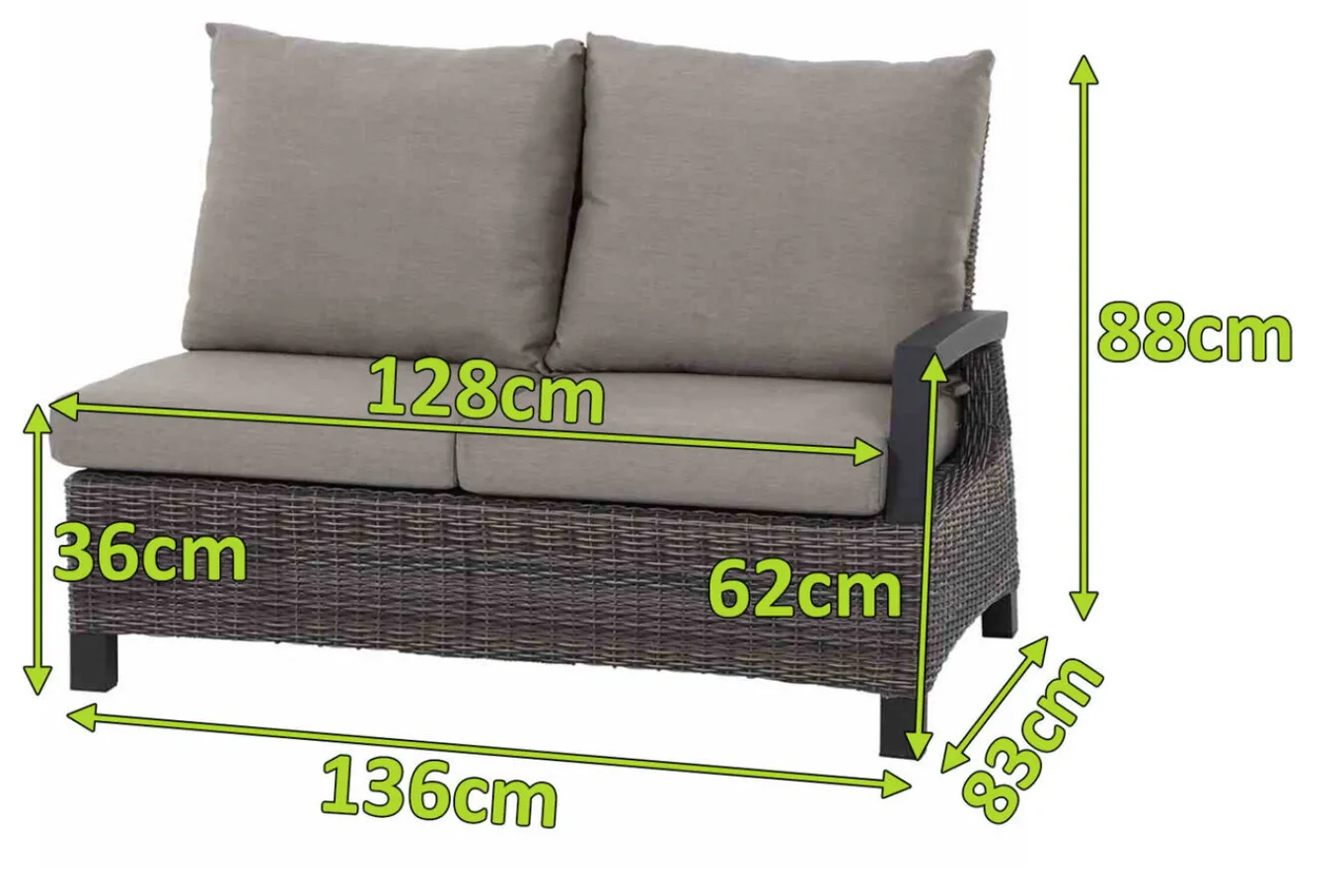 Corido 2-Sitzer Sofa, charcoal, Alu / Gardino®-Geflecht, 136x83x88 cm, Armlehne links Polyrattan-Gartenmöbel|Gartenlounge