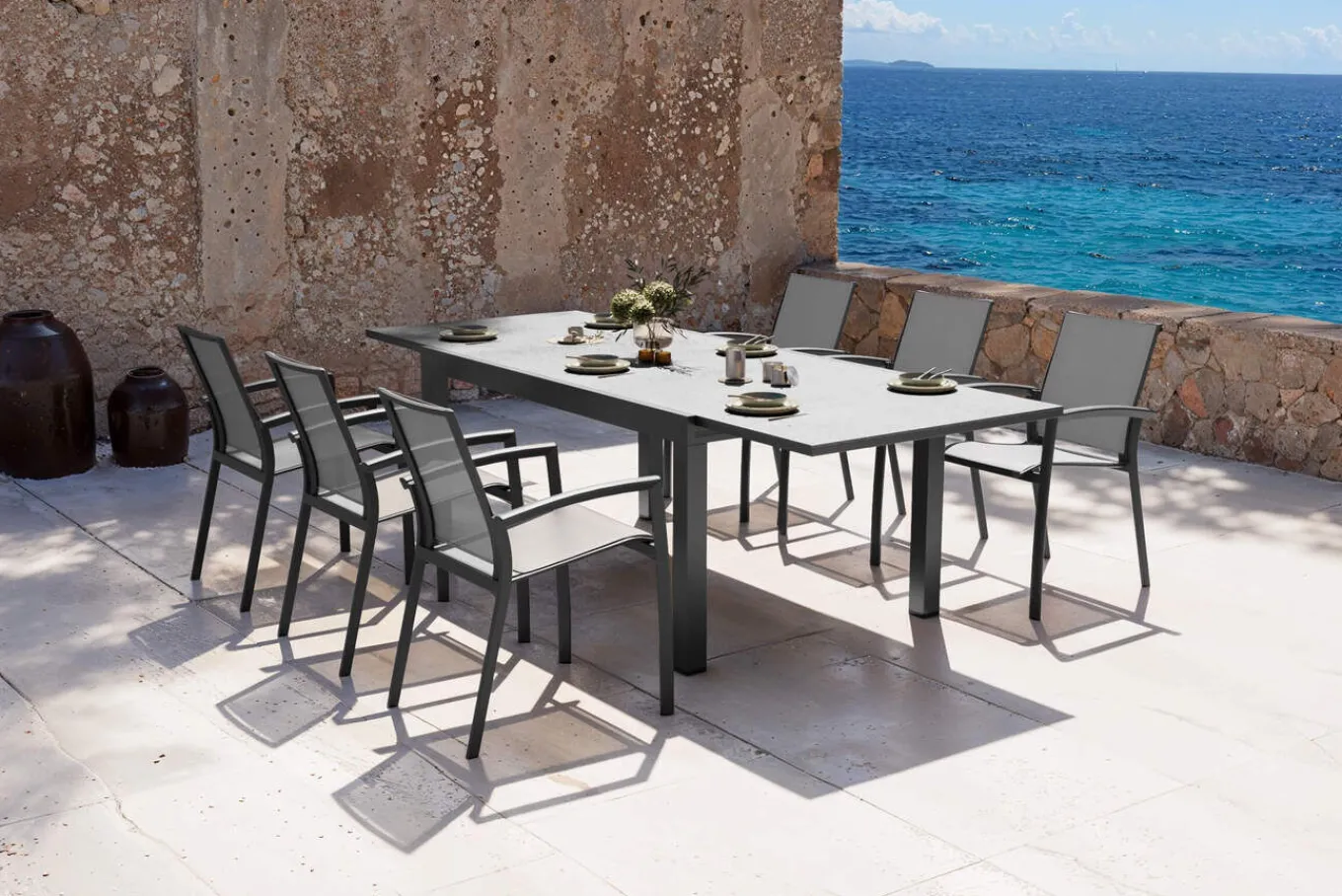 Sale SIENA GARDEN Garten-Essgruppe, anthrazit matt, Alu/Spraystone/Ranotex, Tisch 160/260 x 100 cm, inkl. 6 Stapelsessel Garten-Essgruppen