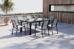 Sale SIENA GARDEN Garten-Essgruppe, anthrazit matt, Alu/Spraystone/Ranotex, Tisch 160/260 x 100 cm, inkl. 6 Stapelsessel Garten-Essgruppen