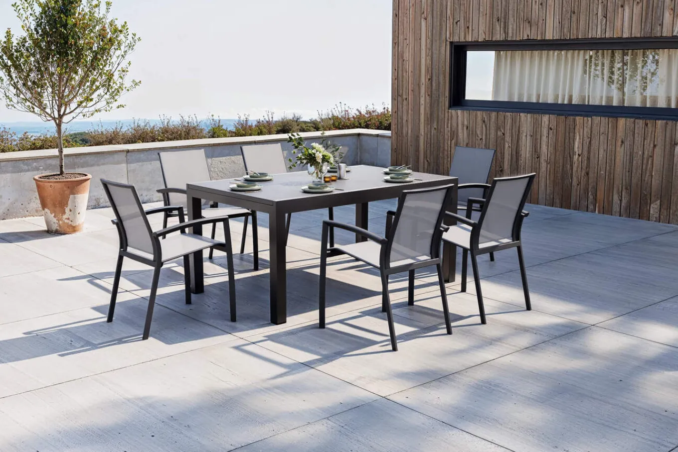 Sale SIENA GARDEN Garten-Essgruppe, anthrazit matt, Alu/Spraystone/Ranotex, Tisch 160/260 x 100 cm, inkl. 6 Stapelsessel Garten-Essgruppen