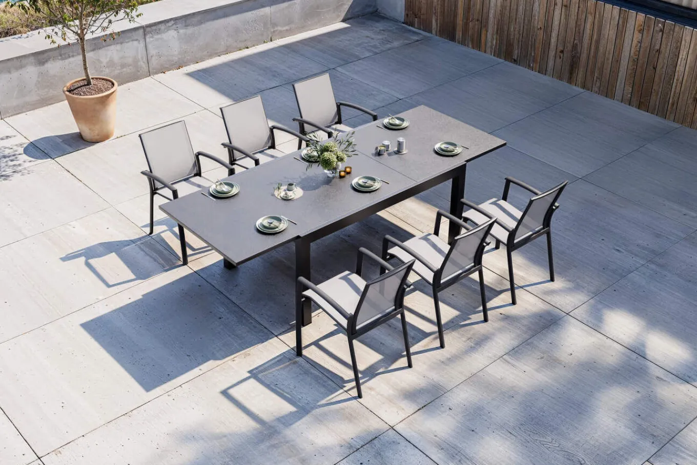 Sale SIENA GARDEN Garten-Essgruppe, anthrazit matt, Alu/Spraystone/Ranotex, Tisch 160/260 x 100 cm, inkl. 6 Stapelsessel Garten-Essgruppen