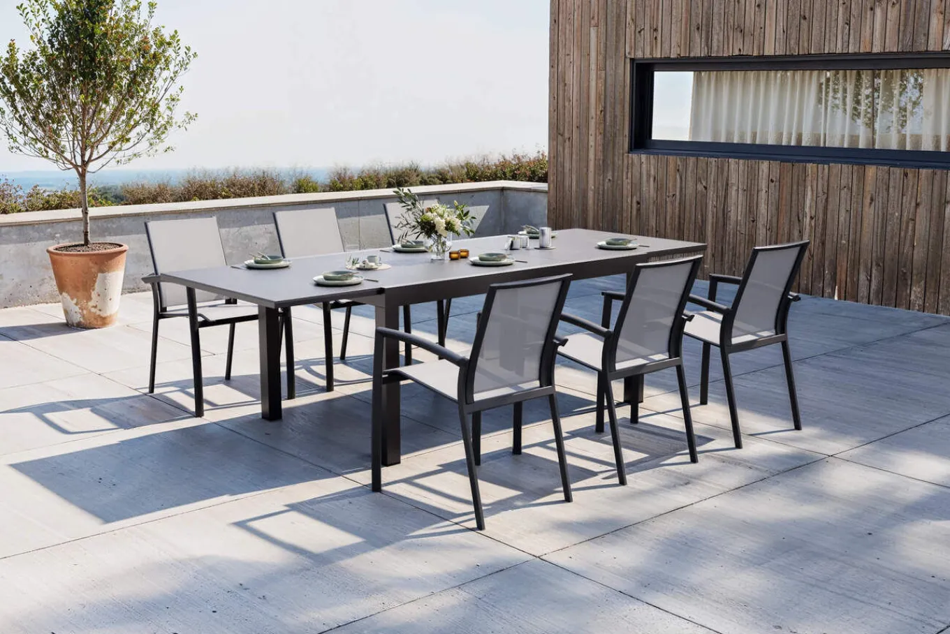 Sale SIENA GARDEN Garten-Essgruppe, anthrazit matt, Alu/Spraystone/Ranotex, Tisch 160/260 x 100 cm, inkl. 6 Stapelsessel Garten-Essgruppen