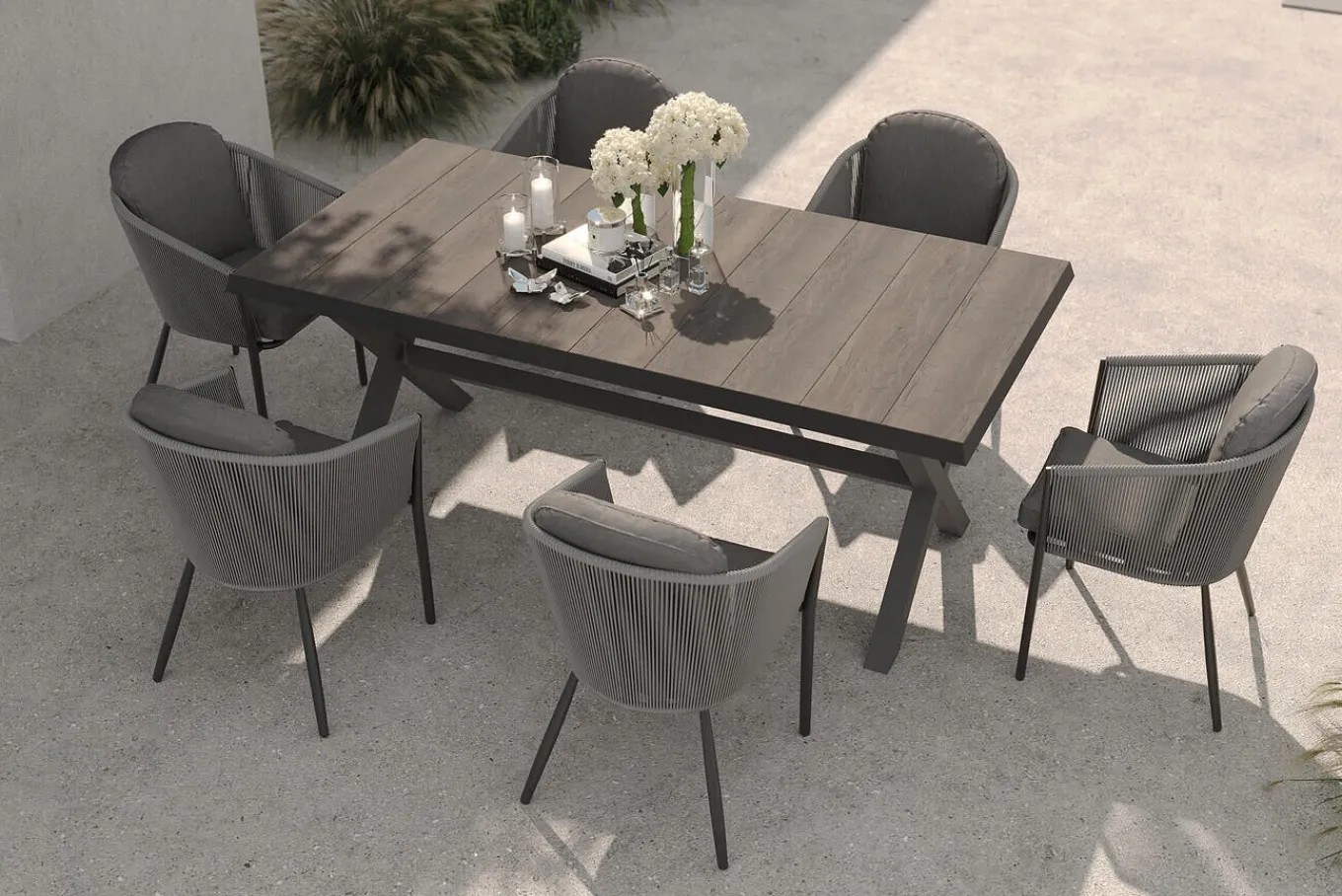 Garten-Essgruppe, anthrazit/dunkelgrau, Alu/Keramik Rope-Geflecht, ausziehbare Tischplatte 200/260 x 100 cm, 6 Diningsessel Garten-Essgruppen