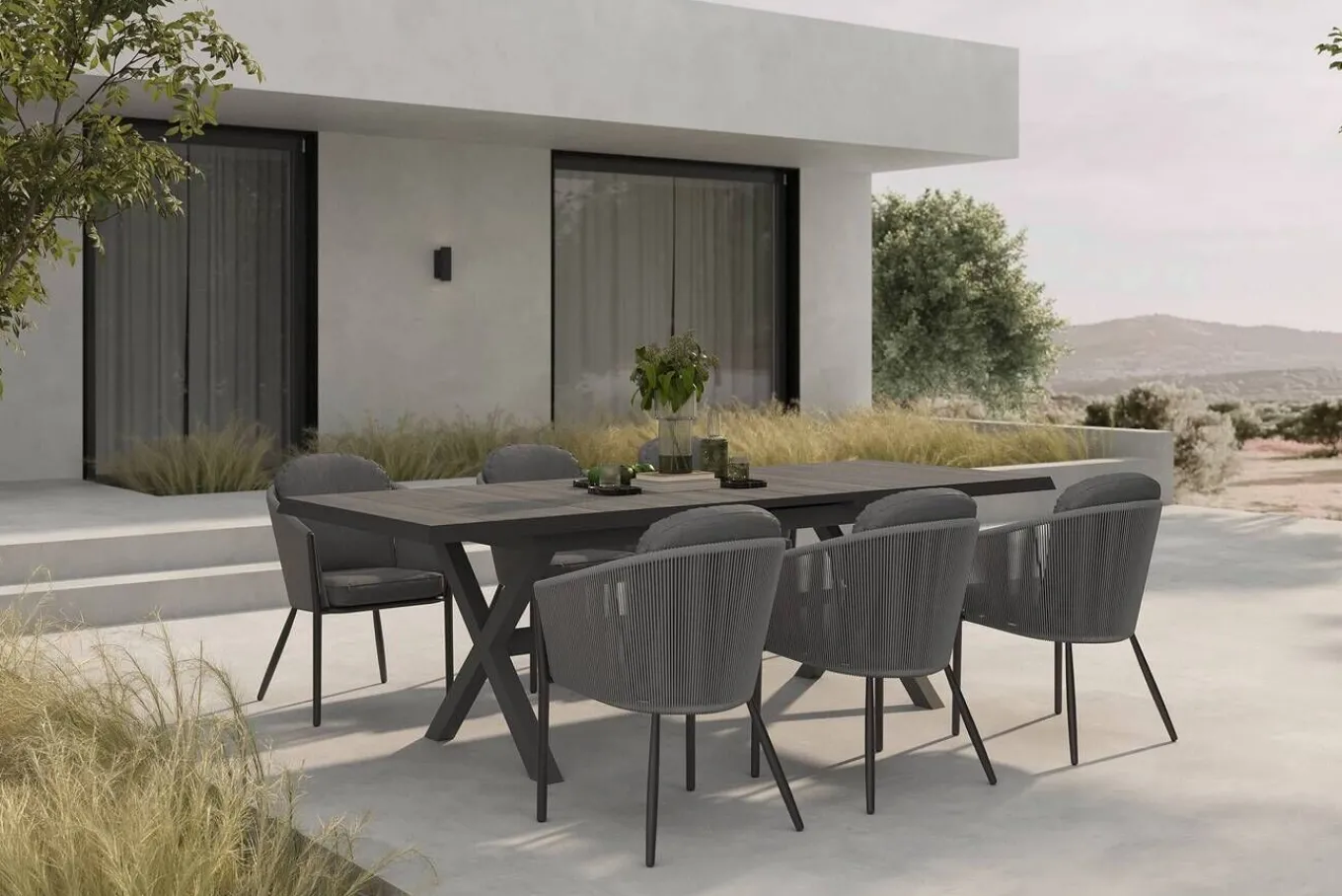 Garten-Essgruppe, anthrazit/dunkelgrau, Alu/Keramik Rope-Geflecht, ausziehbare Tischplatte 200/260 x 100 cm, 6 Diningsessel Garten-Essgruppen