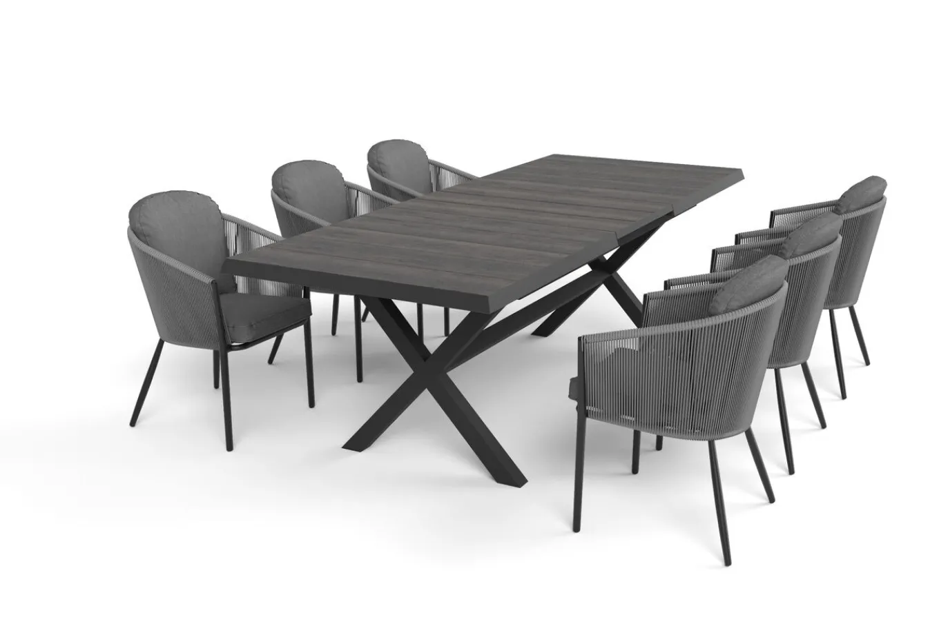 Garten-Essgruppe, anthrazit/dunkelgrau, Alu/Keramik Rope-Geflecht, ausziehbare Tischplatte 200/260 x 100 cm, 6 Diningsessel Garten-Essgruppen