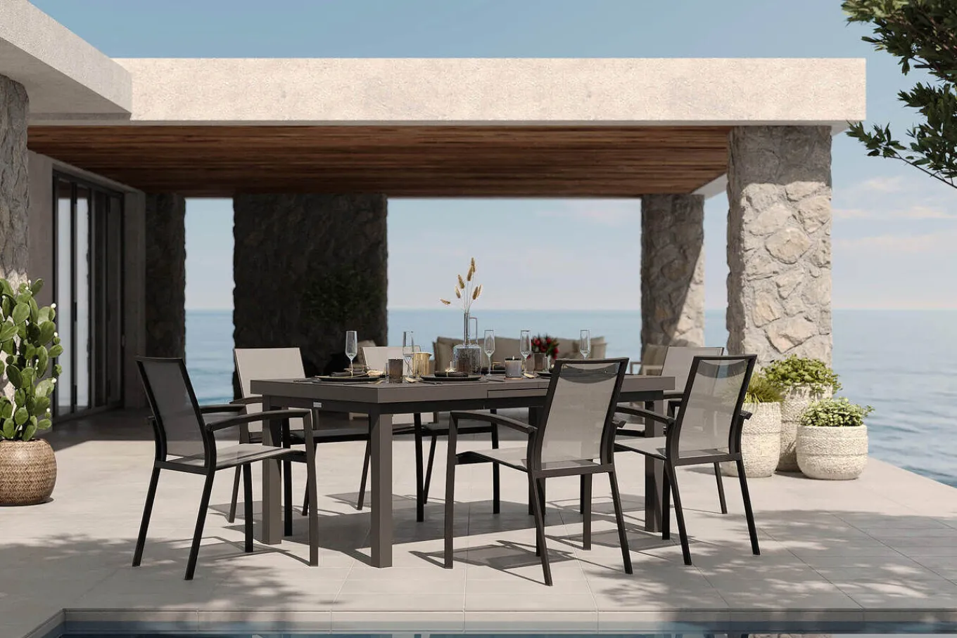 Outlet Garten-Essgruppe, anthrazit/grau, Aluminium/Ranotex-Gewebe, Ausziehtisch 180/240 x 100 cm, inkl. 6 Stapelsessel Aluminium-Gartenmöbel