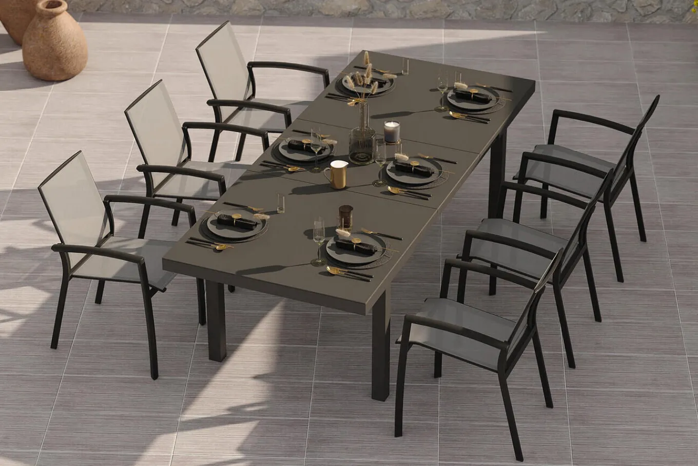 Outlet Garten-Essgruppe, anthrazit/grau, Aluminium/Ranotex-Gewebe, Ausziehtisch 180/240 x 100 cm, inkl. 6 Stapelsessel Aluminium-Gartenmöbel