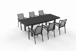 Outlet Garten-Essgruppe, anthrazit/grau, Aluminium/Ranotex-Gewebe, Ausziehtisch 180/240 x 100 cm, inkl. 6 Stapelsessel Aluminium-Gartenmöbel