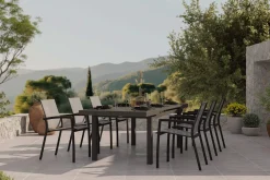 Outlet Garten-Essgruppe, anthrazit/grau, Aluminium/Ranotex-Gewebe, Ausziehtisch 180/240 x 100 cm, inkl. 6 Stapelsessel Aluminium-Gartenmöbel