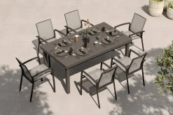 Outlet Garten-Essgruppe, anthrazit/grau, Aluminium/Ranotex-Gewebe, Ausziehtisch 180/240 x 100 cm, inkl. 6 Stapelsessel Aluminium-Gartenmöbel