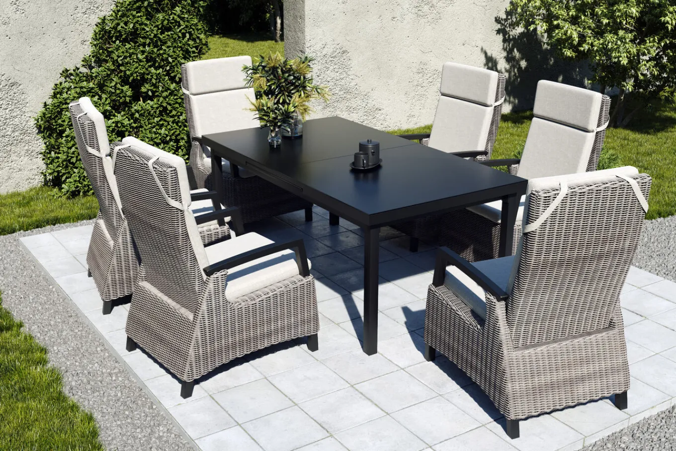 Discount Garten-Essgruppe, anthrazit/grau, Alu/Polyrattan, Ausziehtisch 180/240 x 100 cm, inkl. 6 Diningsessel Garten-Essgruppen|Aluminium-Gartenmöbel