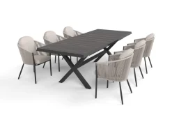 New Garten-Essgruppe, anthrazit/beige, Alu/Keramik/Rope-Geflecht, Tisch 200/265 x 100 cm, 6 Diningsessel Garten-Essgruppen