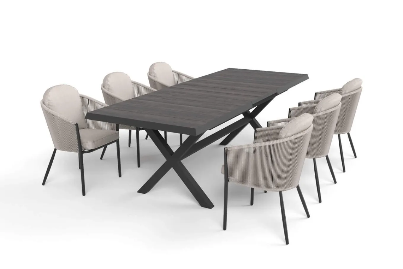 New Garten-Essgruppe, anthrazit/beige, Alu/Keramik/Rope-Geflecht, Tisch 200/265 x 100 cm, 6 Diningsessel Garten-Essgruppen