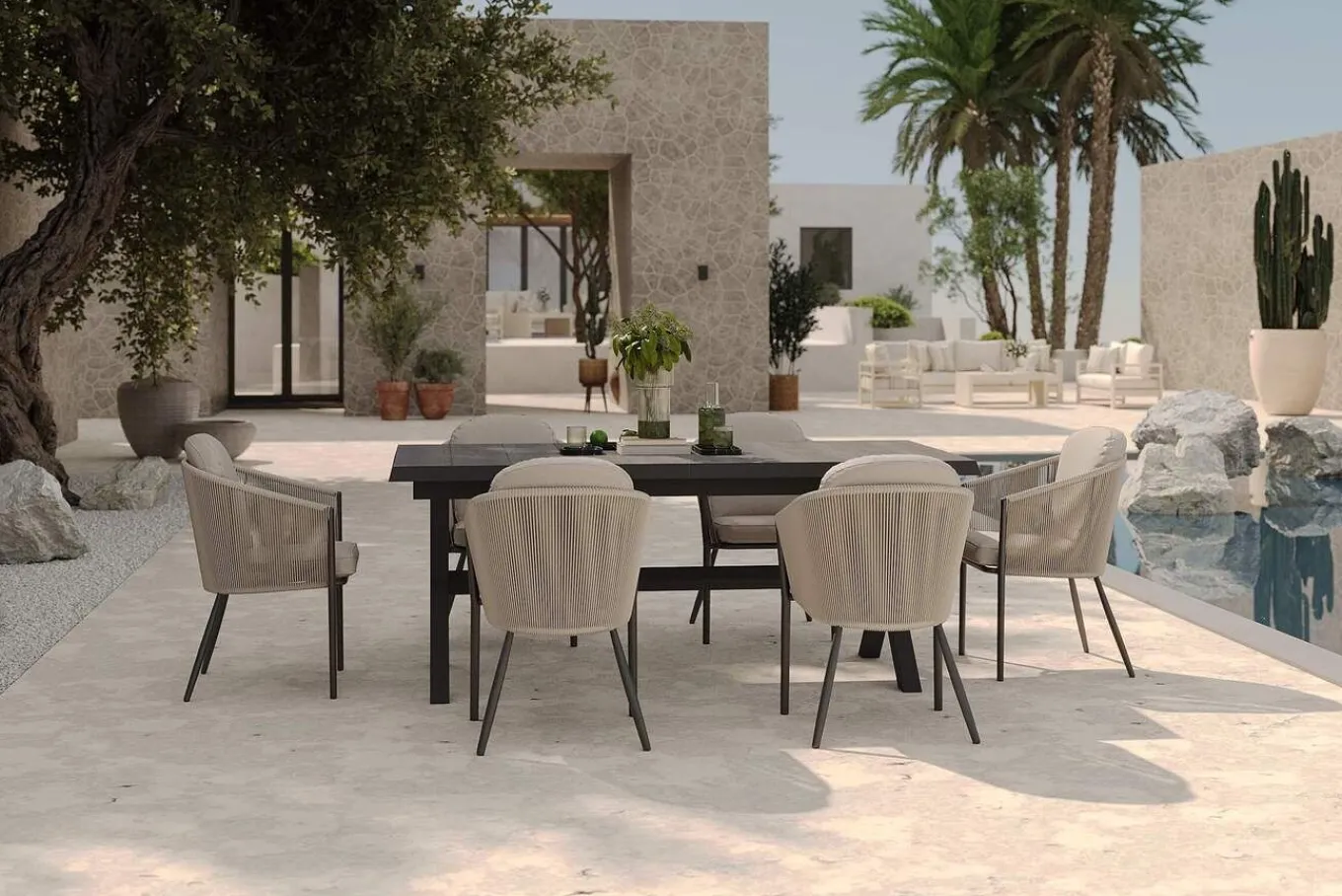 New Garten-Essgruppe, anthrazit/beige, Alu/Keramik/Rope-Geflecht, Tisch 200/265 x 100 cm, 6 Diningsessel Garten-Essgruppen