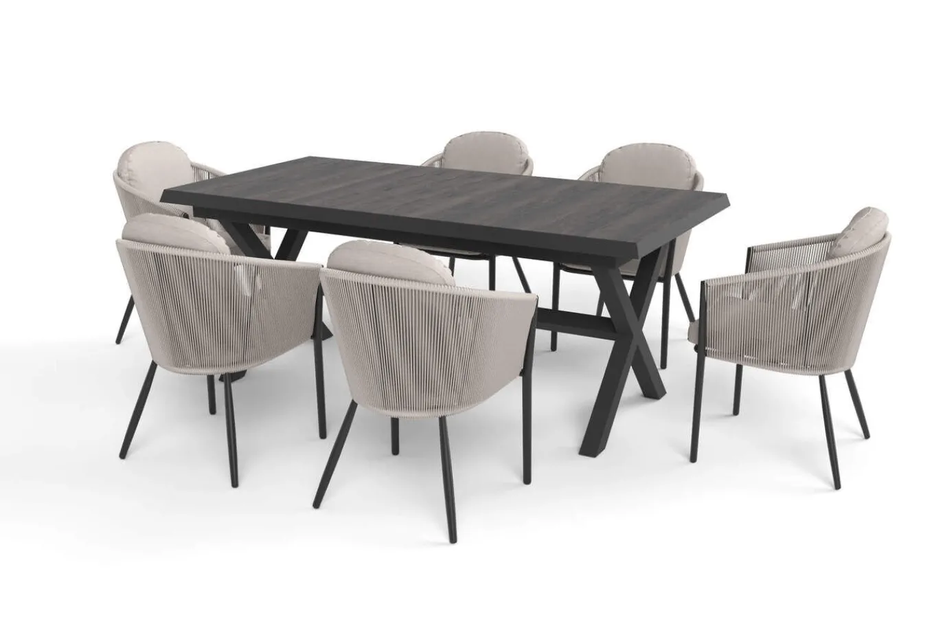 New Garten-Essgruppe, anthrazit/beige, Alu/Keramik/Rope-Geflecht, Tisch 200/265 x 100 cm, 6 Diningsessel Garten-Essgruppen