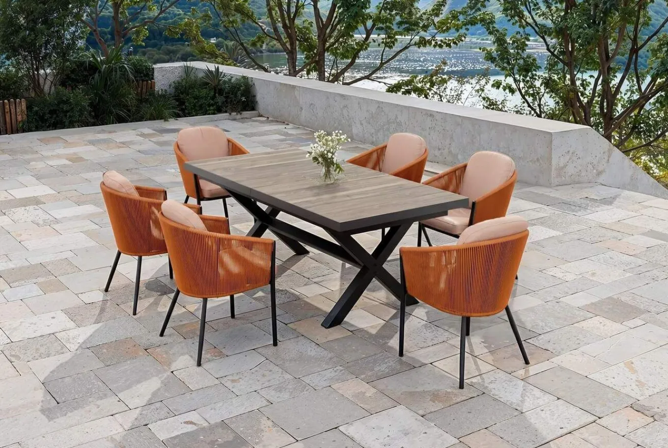 Online Garten-Essgruppe, anthrazit/orange, Alu/Rope-Geflecht, ausziehbare Tischplatte 200/260 x 100 cm, 6 Diningsessel Garten-Essgruppen