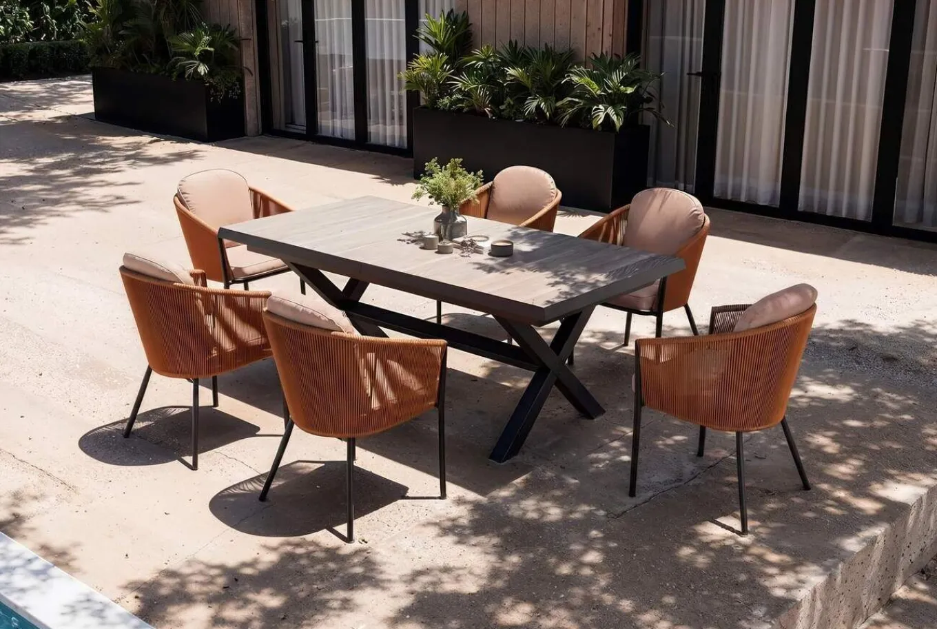 Online Garten-Essgruppe, anthrazit/orange, Alu/Rope-Geflecht, ausziehbare Tischplatte 200/260 x 100 cm, 6 Diningsessel Garten-Essgruppen