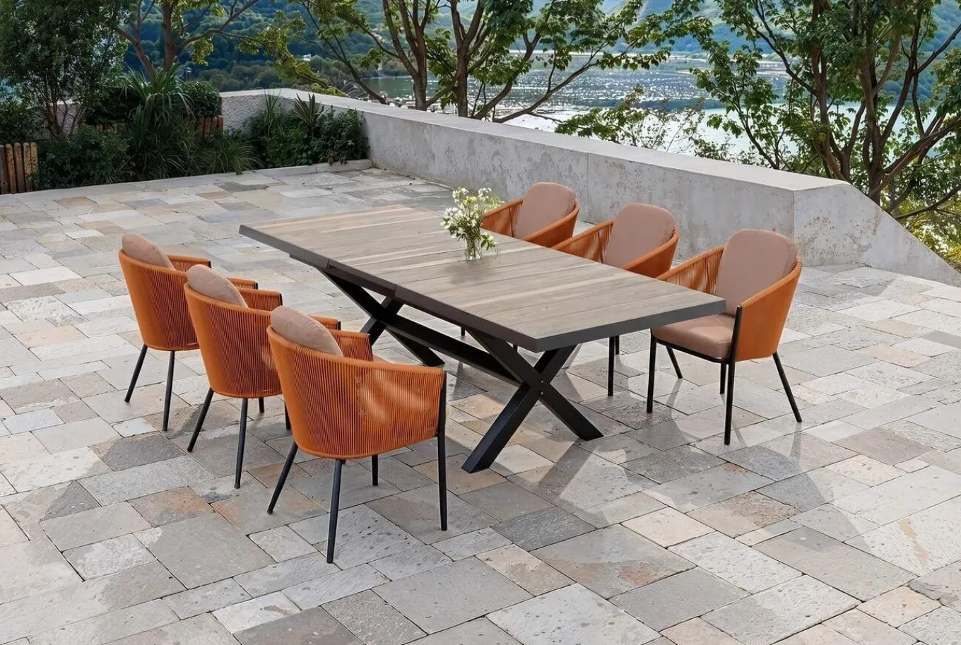 Online Garten-Essgruppe, anthrazit/orange, Alu/Rope-Geflecht, ausziehbare Tischplatte 200/260 x 100 cm, 6 Diningsessel Garten-Essgruppen