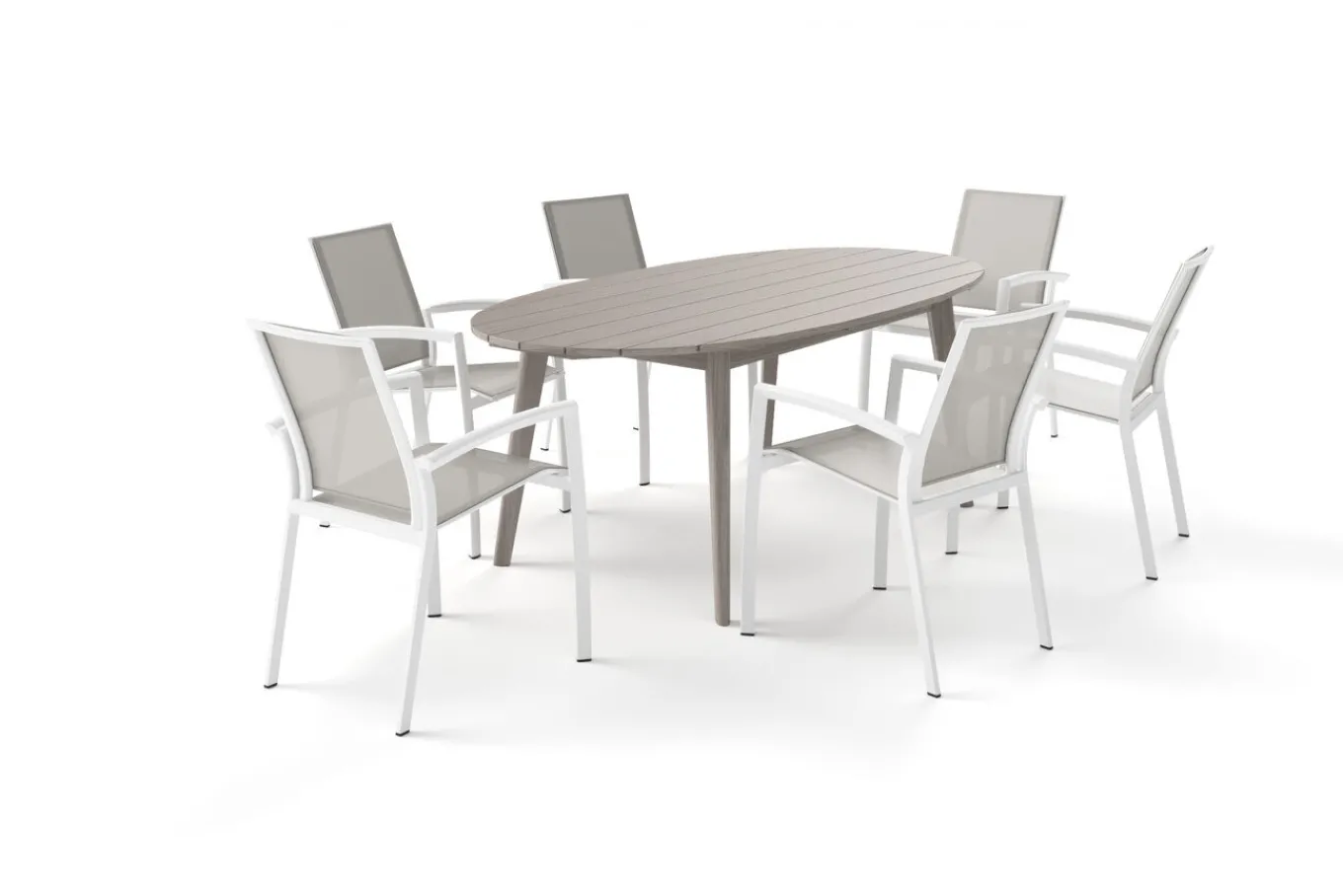 Clearance Garten-Essgruppe, grau/weiß, Alu/Akazienholz, Tisch 200 x 100 cm, 6 Dining Sessel Garten-Essgruppen