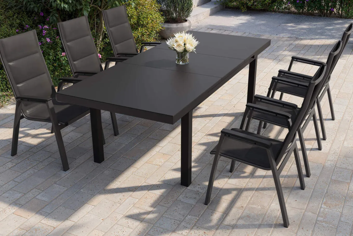 Outlet Garten-Essgruppe, anthrazit matt/grau, Alu/Glas/Textilfaser, 180/240 x 100 cm, ausziehbar, stapelbar Garten-Essgruppen