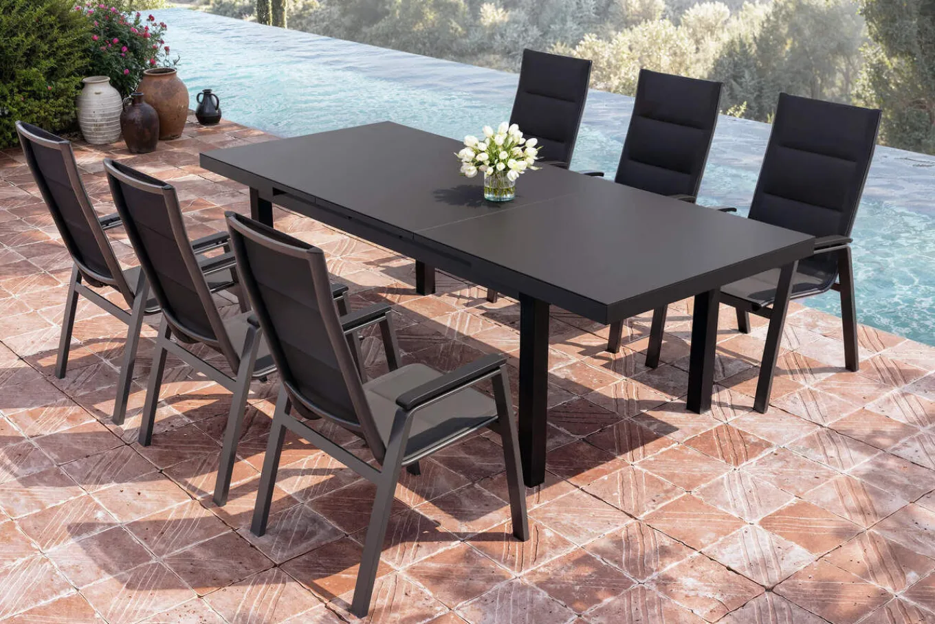 Outlet Garten-Essgruppe, anthrazit matt/grau, Alu/Glas/Textilfaser, 180/240 x 100 cm, ausziehbar, stapelbar Garten-Essgruppen