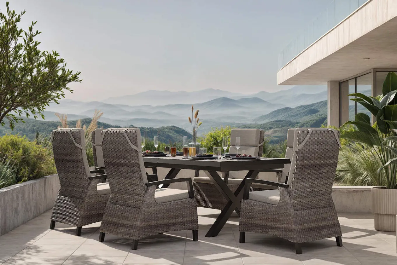 Hot Garten-Essgruppe, schwarz/grau, Alu/Polyrattan, Tischplatte ausziehbar 200/260 x 100 cm, inkl. 6 Diningsessel Garten-Essgruppen