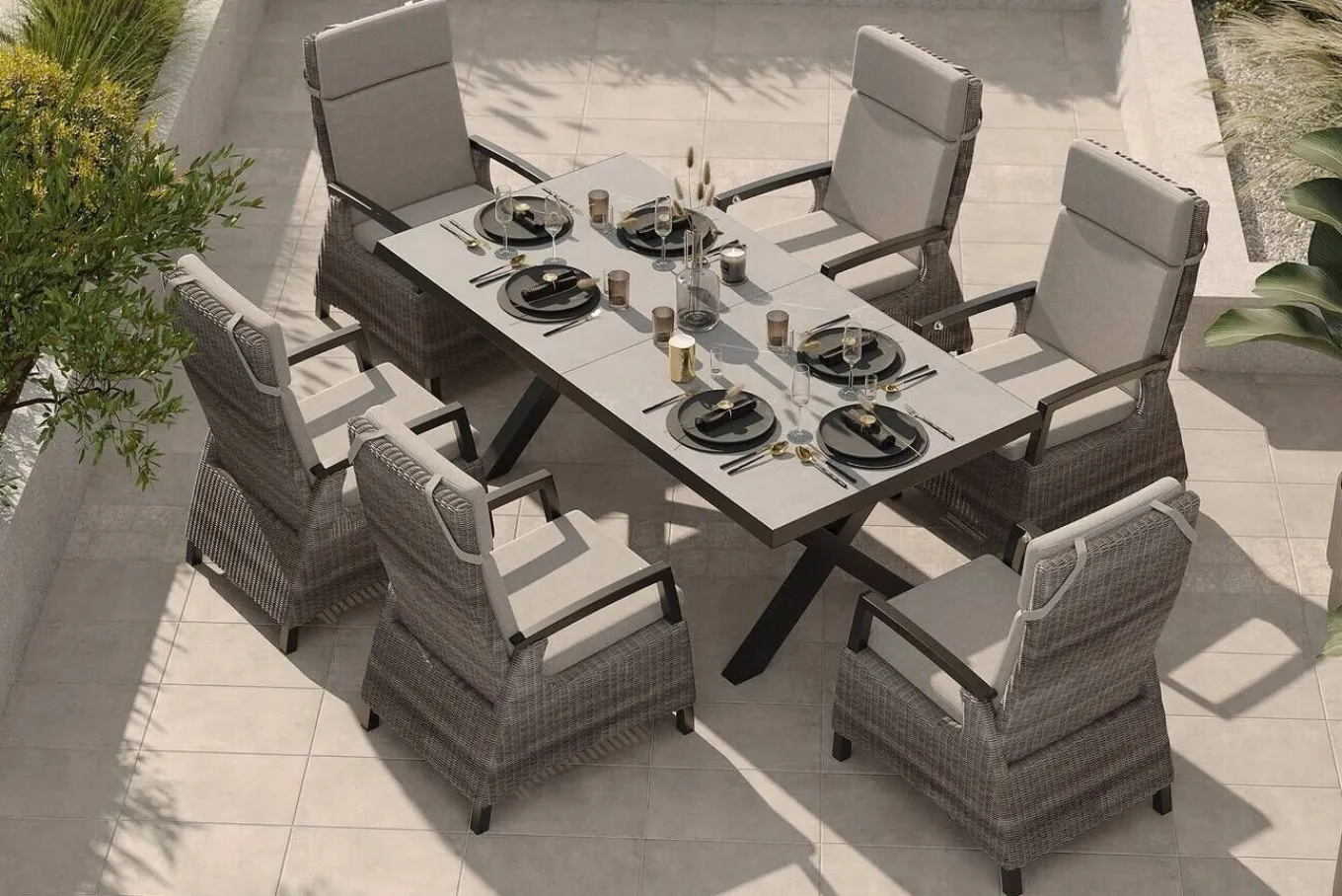Hot Garten-Essgruppe, schwarz/grau, Alu/Polyrattan, Tischplatte ausziehbar 200/260 x 100 cm, inkl. 6 Diningsessel Garten-Essgruppen