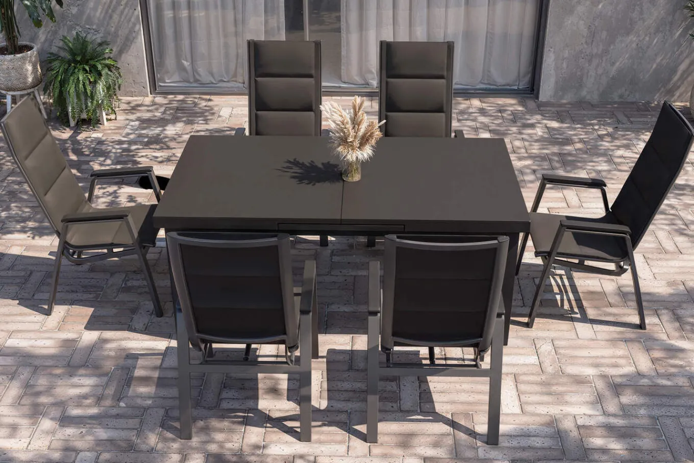Clearance Garten-Essgruppe, anthrazit/grau, Alu/Glas/Textilene, 180/240 x 100 cm, ausziehbar, stapelbar Garten-Essgruppen