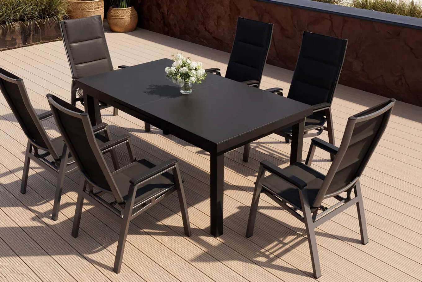 Clearance Garten-Essgruppe, anthrazit/grau, Alu/Glas/Textilene, 180/240 x 100 cm, ausziehbar, stapelbar Garten-Essgruppen