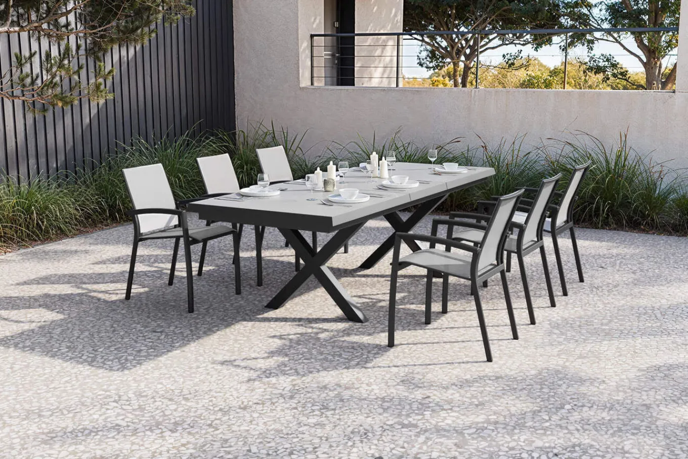 Sale Garten-Essgruppe, schwarz/anthrazit, Aluminium/Polyrattan/Steinimitat, 200/260 x 100 cm, ausziehbar, 6 Diningsessel Garten-Essgruppen