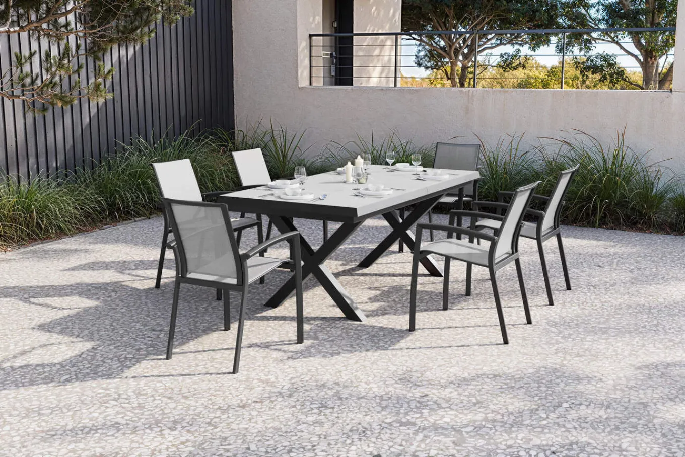 Sale Garten-Essgruppe, schwarz/anthrazit, Aluminium/Polyrattan/Steinimitat, 200/260 x 100 cm, ausziehbar, 6 Diningsessel Garten-Essgruppen