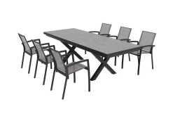 Sale Garten-Essgruppe, schwarz/anthrazit, Aluminium/Polyrattan/Steinimitat, 200/260 x 100 cm, ausziehbar, 6 Diningsessel Garten-Essgruppen