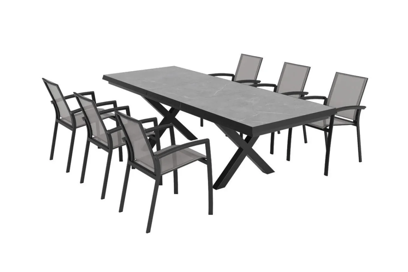 Sale Garten-Essgruppe, schwarz/anthrazit, Aluminium/Polyrattan/Steinimitat, 200/260 x 100 cm, ausziehbar, 6 Diningsessel Garten-Essgruppen
