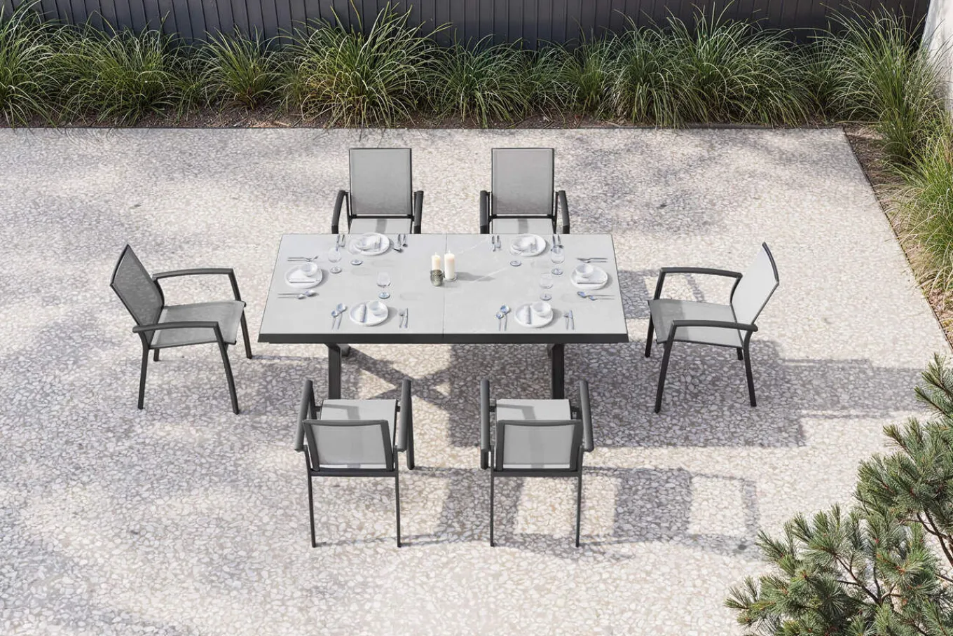 Sale Garten-Essgruppe, schwarz/anthrazit, Aluminium/Polyrattan/Steinimitat, 200/260 x 100 cm, ausziehbar, 6 Diningsessel Garten-Essgruppen
