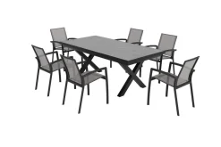 Sale Garten-Essgruppe, schwarz/anthrazit, Aluminium/Polyrattan/Steinimitat, 200/260 x 100 cm, ausziehbar, 6 Diningsessel Garten-Essgruppen