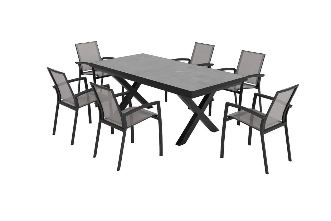 Sale Garten-Essgruppe, schwarz/anthrazit, Aluminium/Polyrattan/Steinimitat, 200/260 x 100 cm, ausziehbar, 6 Diningsessel Garten-Essgruppen