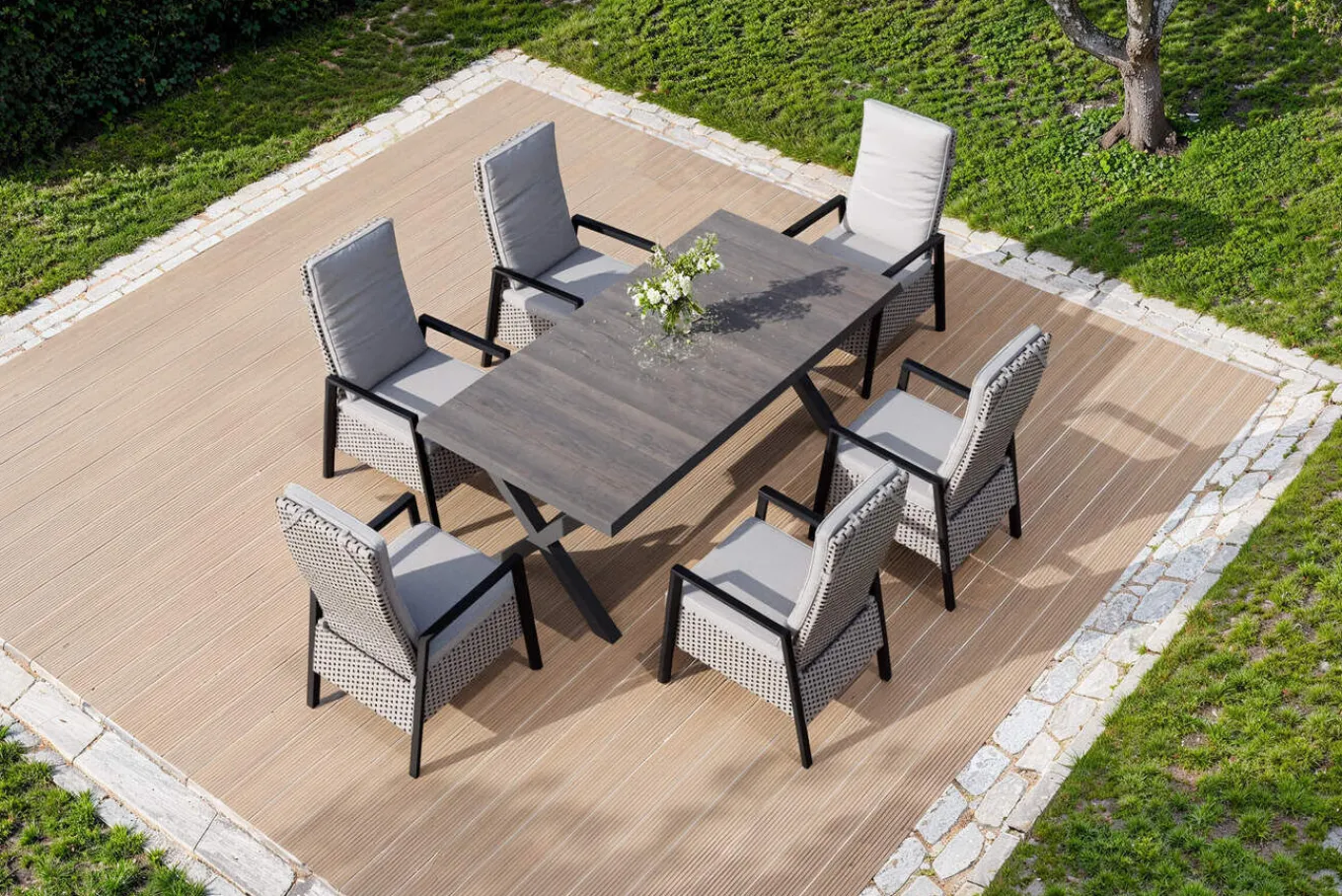 Hot Garten-Essgruppe, anthrazit/natur-grau, Alu/Keramik/Polyrattan, ausziehbare Tischplatte 200/260 x 100 cm, 6 Diningsessel Garten-Essgruppen