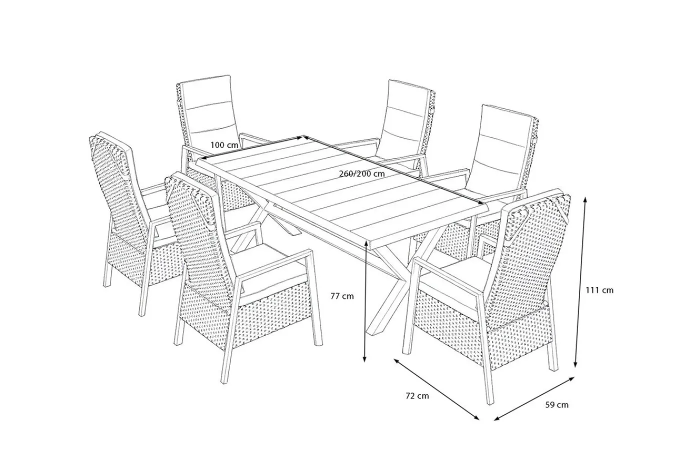 Hot Garten-Essgruppe, anthrazit/natur-grau, Alu/Keramik/Polyrattan, ausziehbare Tischplatte 200/260 x 100 cm, 6 Diningsessel Garten-Essgruppen