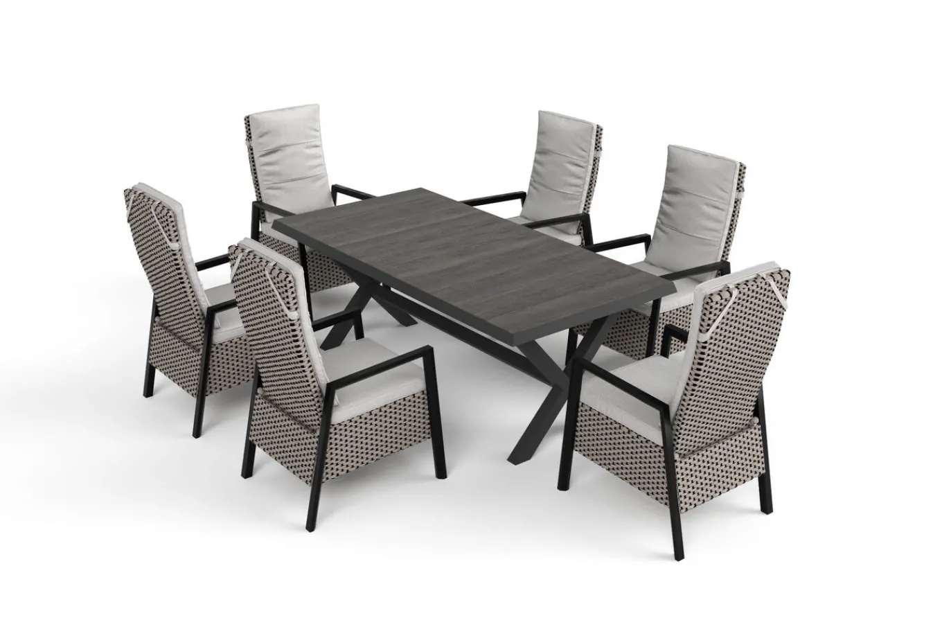 Hot Garten-Essgruppe, anthrazit/natur-grau, Alu/Keramik/Polyrattan, ausziehbare Tischplatte 200/260 x 100 cm, 6 Diningsessel Garten-Essgruppen